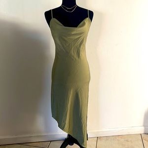 FOREVER21 | Women’s Sage Satin Asymmetrical Midi Slip Dress with Side Slit Small
